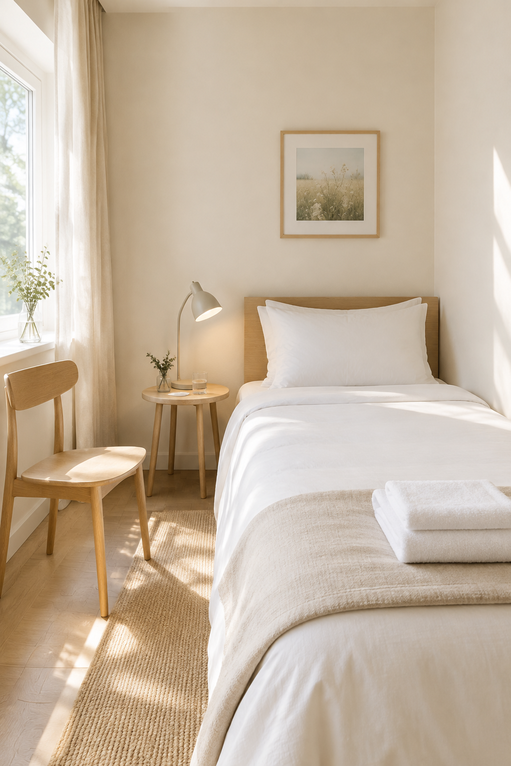 A compact single room with a narrow bed and a chair