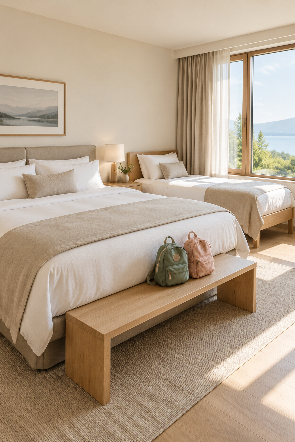 A family suite with a double bed and a smaller bed beside it