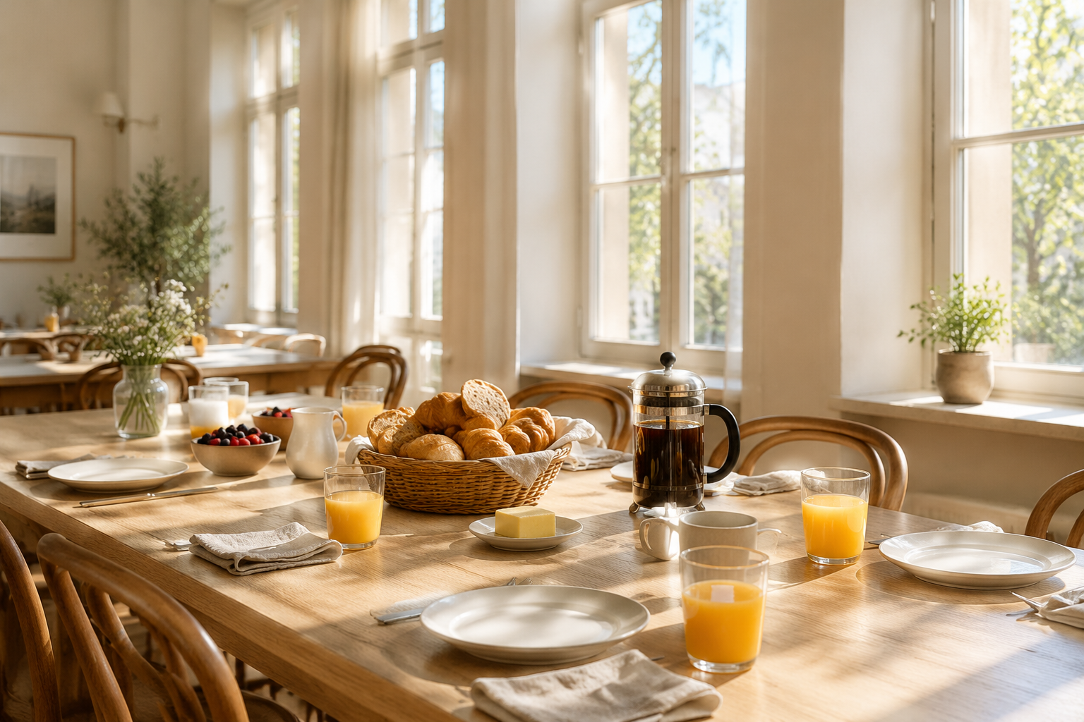 A breakfast table laid with plates, juice and coffee