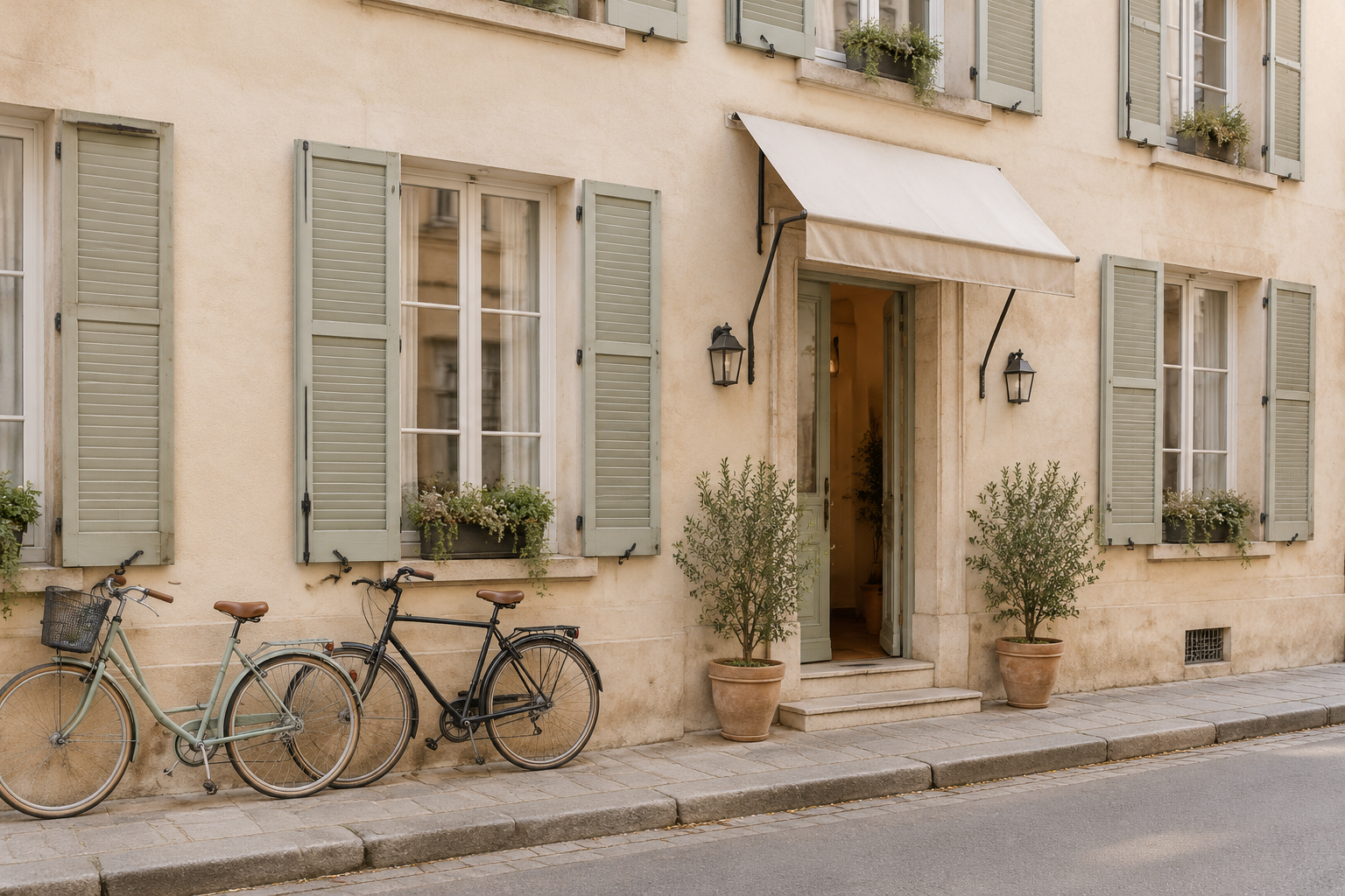 The facade of a European townhouse hotel