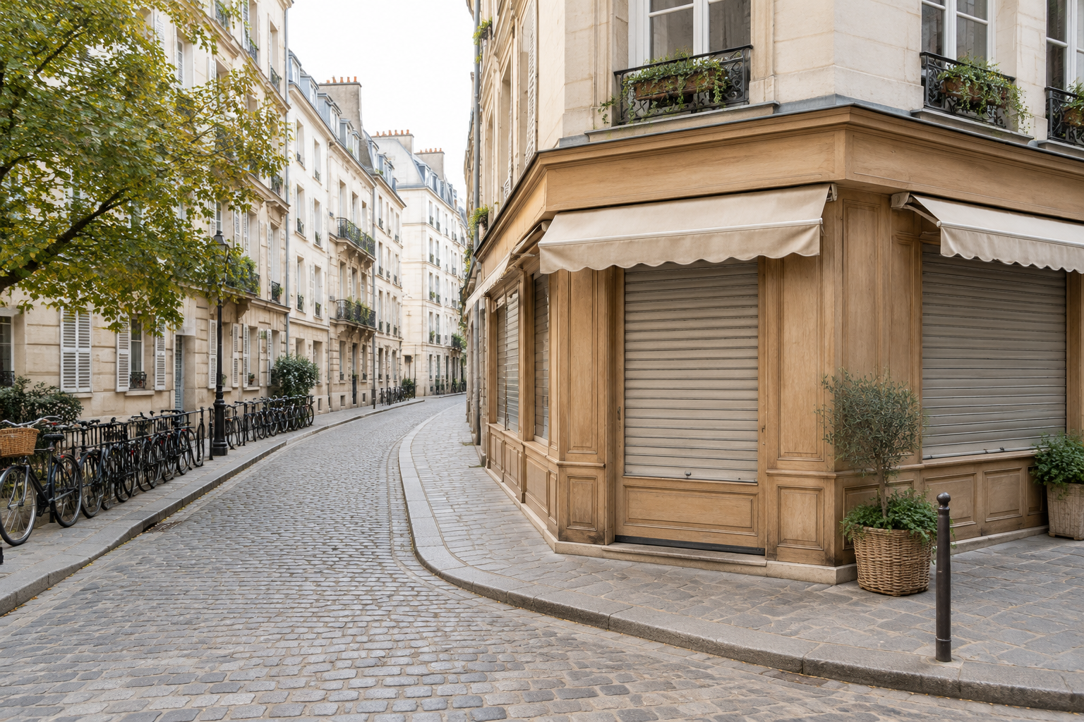 A quiet European side street in the morning