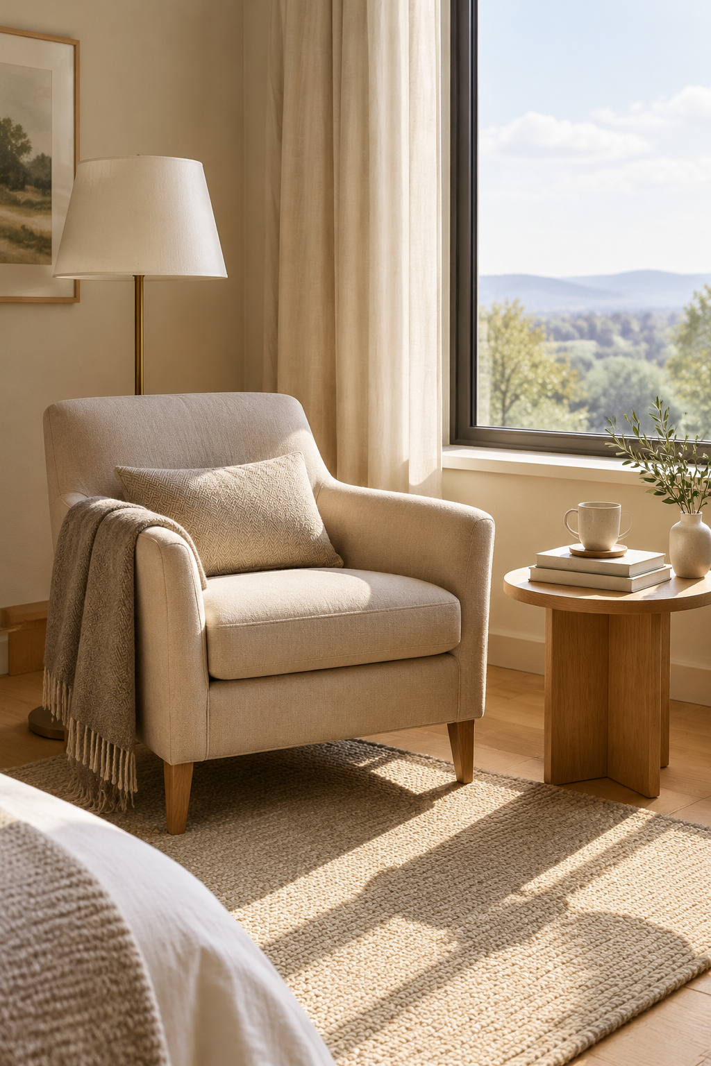An armchair beside a tall window in a quiet corner