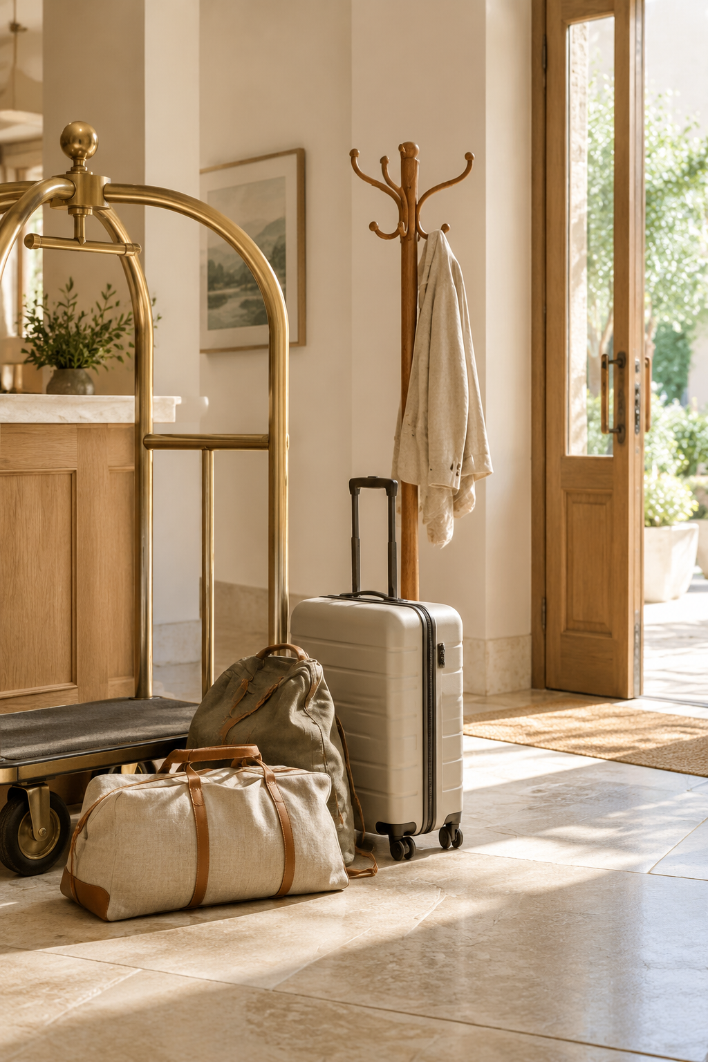 Luggage waiting in a hotel entrance hall