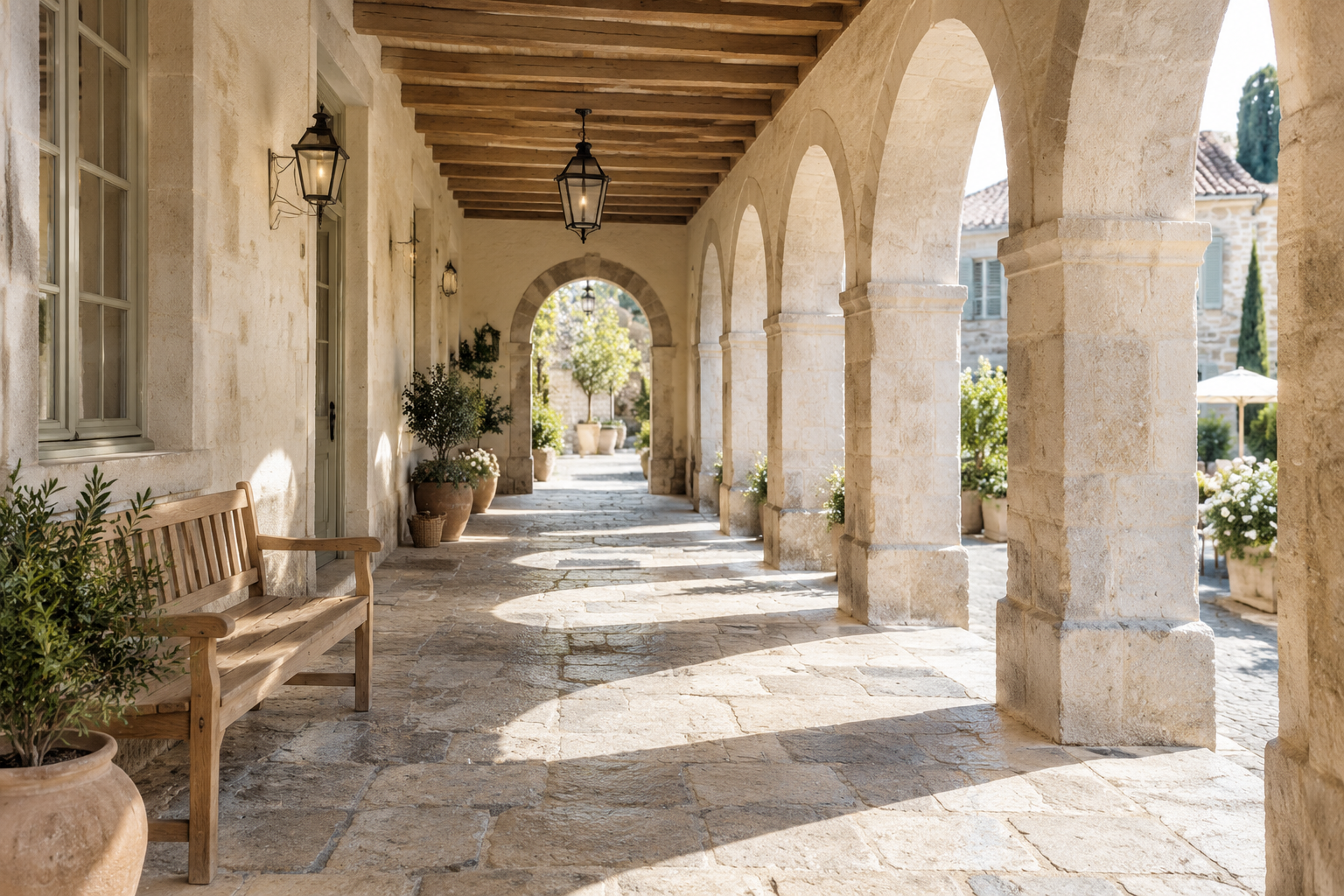 A covered stone arcade beside the hotel